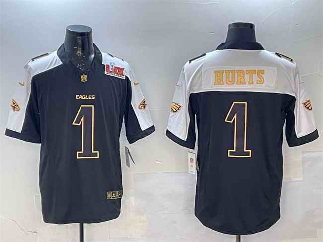 Men's Philadelphia Eagles #1 Jalen Hurts Black/Gold 2025 Super Bowl LIX Patch New F.U.S.E. Vapor Untouchable Limited Stitched Football Jersey